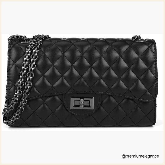 Handbags - Quilted Crossbody Shoulder Bag with Chain Strap, Faux Leather, Medium Size